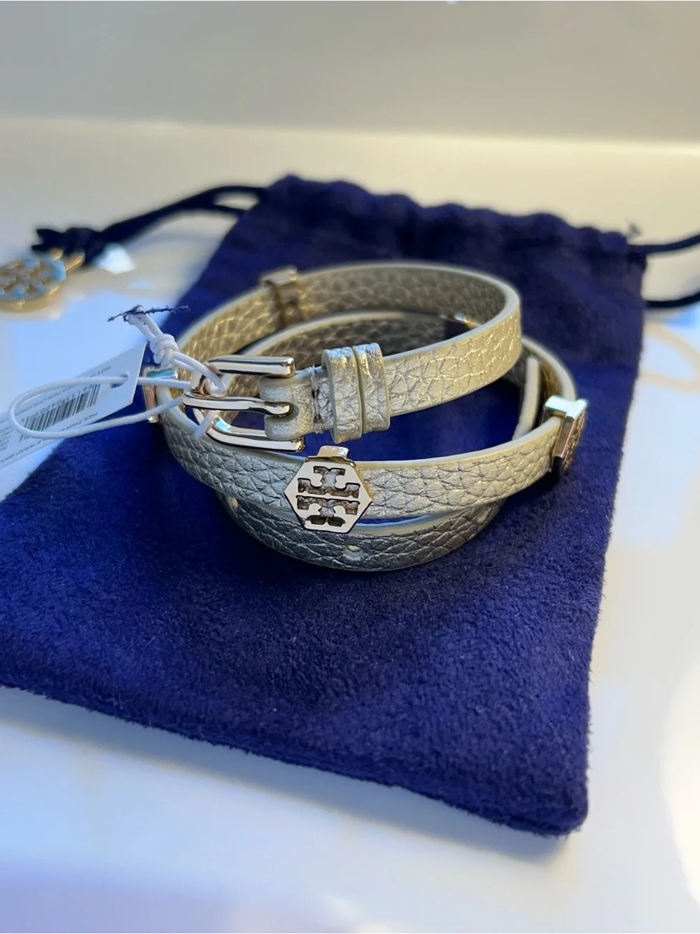 NWT Tory Burch Gold Metallic Hex Thin Double Wrap Bracelet
